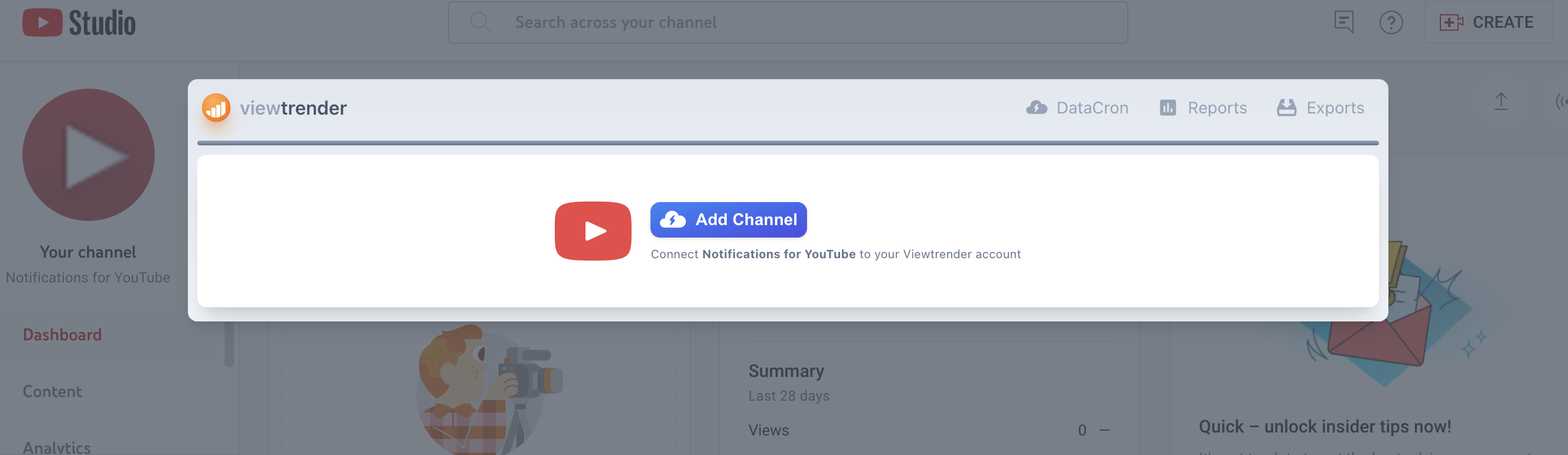 Studio add channel to Viewtrender dashboard