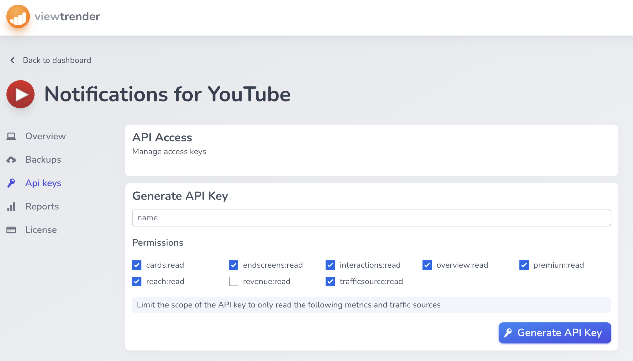 Viewtrender account dashboard, add a channel
